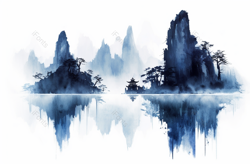 云雾高耸的山峰水面倒影中式蓝色水墨山水画,插画/手绘图,插画/手绘图库,插画/手绘图下载,插画/手绘